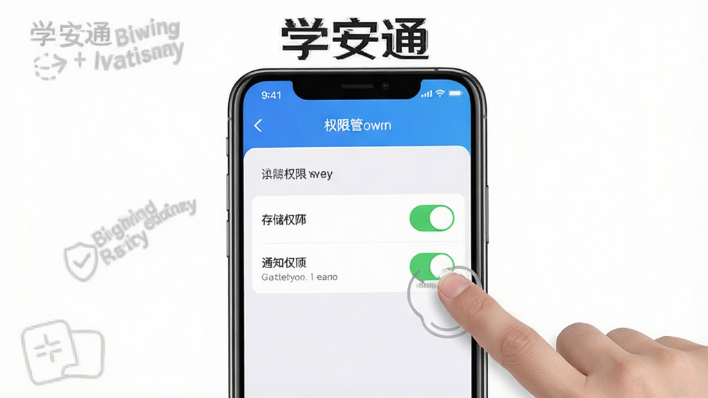 一张展示学安通手机端安装权限设置步骤的图片,标题写上“学安通”,主体是手机屏幕显示权限管理界面,包含存储权限和通知权限的开关按钮,旁边有手指点击的示意,风格写实,排版清晰,细节明确,画质干净,无多余元素