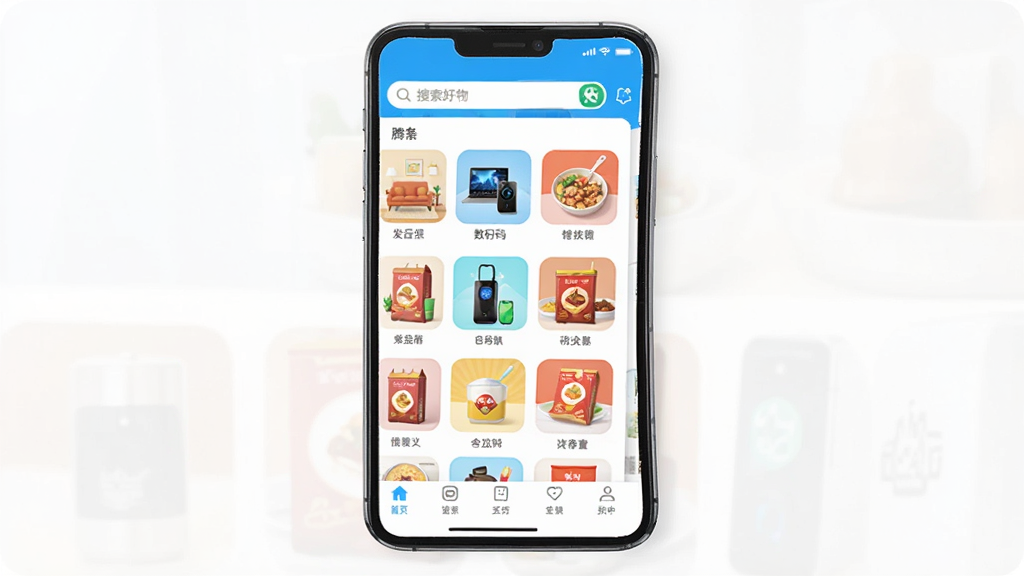һ��չʾ�ڴ����Ӧ���������ͼƬ�������������ֻ���Ļ����Ļ����ʾ�ڴ�������ҳ�����������������м��Ǹ�����Ʒ�����ͼ�꣬��Ҿӡ����롢��ʳ�ȣ��ײ��ǵ����������岼������������ִ���Լ��ɫ�����������ʸɾ��޶���Ԫ�أ�ͼƬ�д��������ڴ����
