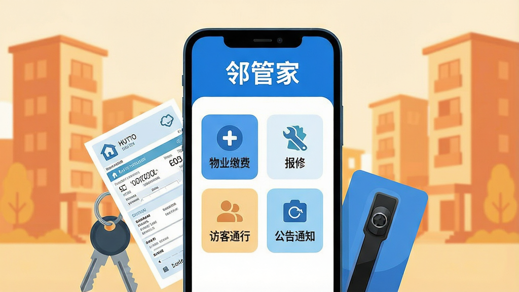 һ��չʾ�ڹܼ�APP���Ĺ��ܵĳ���ͼ������������һ�������ֻ�����Ļ����ʾ���ڹܼҵ������棬������������ɫΪ������������Ŀ�ġ��ڹܼҡ����ֱ�ʶ����Ļ�������ɼ���ҵ�ɷѡ����ޡ��ÿ�ͨ�С�����֪ͨ�ĸ���ͼ�갴ť���ֻ���Χ������һЩ�����СԪ�أ�����Կ�ס�ˮ��ѵ����Ž�����������ůɫ�����ִ�С��¥����Ӱ�������������죬��ƽ����ƣ����ʸɾ��������޶�������Ԫ��