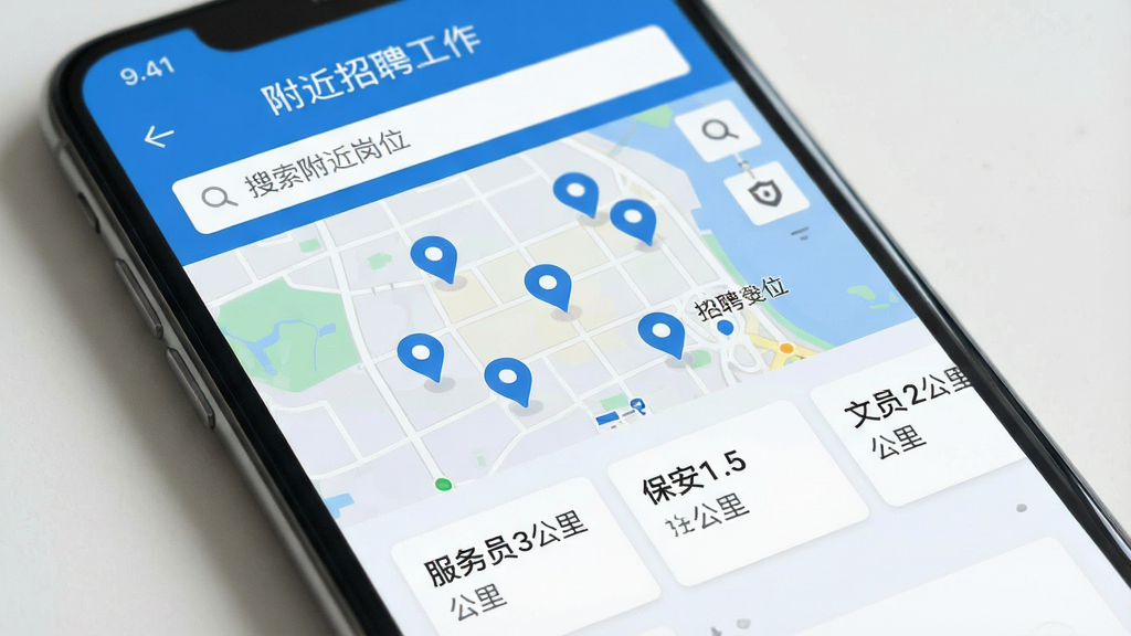 һ���ֻ���Ļ��д����Ļ����ʾ�š�������Ƹ������APP�������棬��������ɫ�Ͱ�ɫΪ��ɫ����������������д�š�����������λ�����м��ǵ�ͼģʽչʾ�ܱ���Ƹ��˾�ı�ǵ㣬�ײ��Ǹ�λ�б���Ƭ��ÿ�ſ�Ƭ��д�š�����Ա 3��������� 1.5�������Ա 2�����������������ɾ���࣬��ƽ����ƣ������������޶���Ԫ��