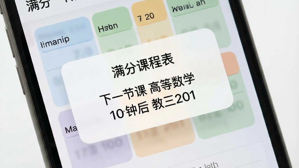 手机屏幕展示课程提醒弹窗,顶部显示“满分课程表”字样,弹窗内容为“下一节课 高等数学 10分钟后 教三201”,背景是课表网格界面,风格清爽现代,色彩柔和,细节清晰,画质干净无多余元素