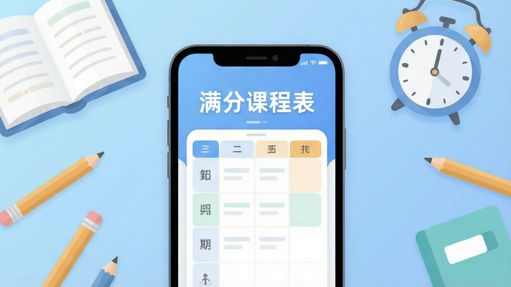手机屏幕中央显示课程表应用界面,标题清晰可见“满分课程表”,周围环绕着课本、铅笔、时钟等学习元素,背景是柔和的蓝色渐变,布局简洁居中,风格清新扁平化,细节圆润,画质干净无多余元素,高清,干净,无多余元素
