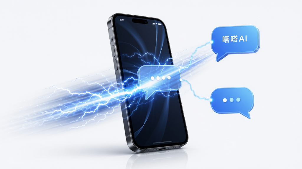嗒嗒AI 极速响应概念图,主体是手机屏幕中发射出光速线条连接对话气泡,布局中心突出速度感,排版简洁,风格科技感,细节有电流光效,画质干净无多余元素