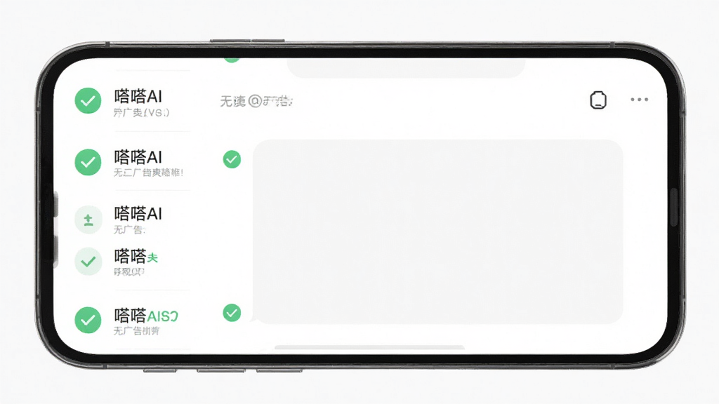 嗒嗒AI 无广告清爽界面,主体是手机屏幕显示干净的对话列表,布局中心为空白聊天区域,排版极简,风格清新,细节有绿色对勾图标表示无广告,画质干净无多余元素
