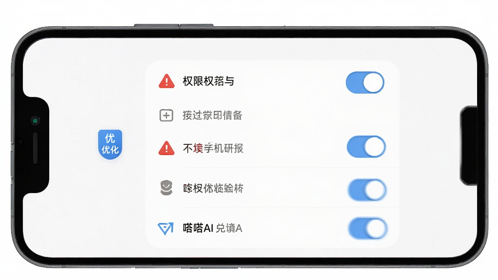 嗒嗒AI 手机设置界面示意图,主体是手机屏幕显示权限管理页面,布局中心为开关按钮列表,排版清晰,风格扁平化,细节有红色警示图标和蓝色优化图标,画质干净无多余元素