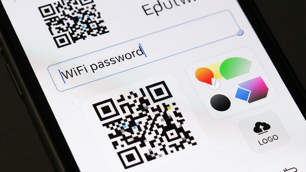 �ֻ���Ļ��д����ʾ��ά����������������ı༭���棬�������д��WiFi���룬�·���ά��ʵʱ���£��Ա�����ɫѡ������Logo�ϴ���ť������࣬���ʸɾ�
