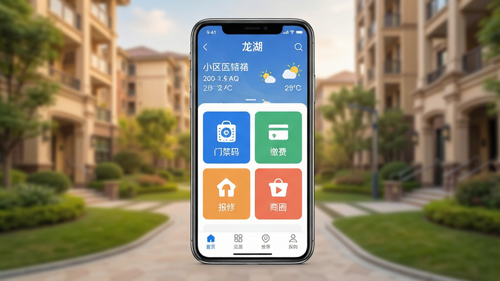 一张展示“龙湖”App核心功能的手机界面截图,画面中央是一部现代智能手机,屏幕显示“龙湖”App首页,顶部是小区名称和天气信息,中间是门禁码、缴费、报修、商圈四个大图标按钮,底部是底部导航栏,整体布局清晰,背景是温馨的社区实景虚化,风格现代简洁,细节干净,画质高清,无多余元素