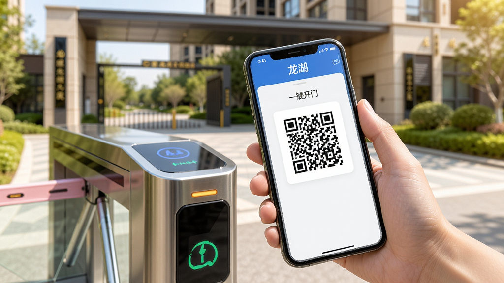 一张展示“龙湖”App门禁功能的手机特写,画面中一只手拿着手机对准小区门禁闸机,手机屏幕显示“龙湖”App的开门二维码界面,二维码清晰可见,上方有“一键开门”字样,背景是现代化的龙湖小区入口,阳光明媚,风格写实明亮,细节丰富,画质清晰,无多余元素