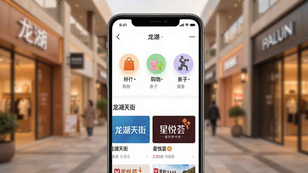一张展示“龙湖”App社区商圈功能的手机界面截图,画面中手机屏幕显示“龙湖”App的商圈页面,上面有餐饮、购物、亲子、健身等分类图标,下方是商家优惠列表,可以看到“龙湖天街”和“星悦荟”的标识,背景是温馨的社区商业街景虚化,风格现代时尚,细节清晰,画质干净,无多余元素