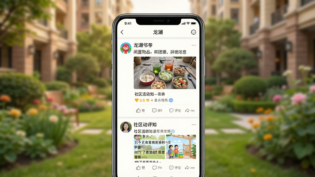 一张展示“龙湖”App邻里圈功能的手机界面截图,画面中手机屏幕显示“龙湖”App的邻里圈页面,可以看到用户发布的动态,包括闲置物品照片、拼团信息、社区活动通知等,每条动态下方有点赞和评论按钮,背景是温馨的小区花园场景虚化,风格亲切友好,细节清晰,画质干净,无多余元素