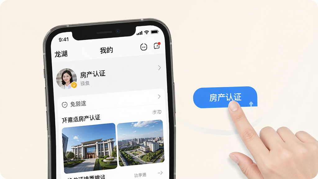 一张展示“龙湖”App操作指引的示意图,画面中是一部手机屏幕显示“龙湖”App的“我的”页面,旁边有手指点击“房产认证”按钮的示意,背景是简洁的浅色背景,风格清新明了,细节清晰,画质干净,无多余元素