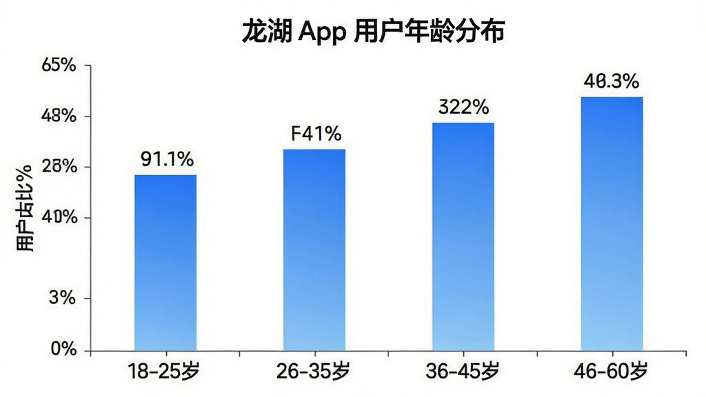 一张展示“龙湖”App用户年龄分布的柱状图,横轴是年龄段“18-25岁”“26-35岁”“36-45岁”“46-60岁”,纵轴是用户占比百分比,柱状图颜色为蓝色渐变,每个柱子上方标注具体百分比数字,背景干净白色,风格简洁专业,画质清晰,无多余元素