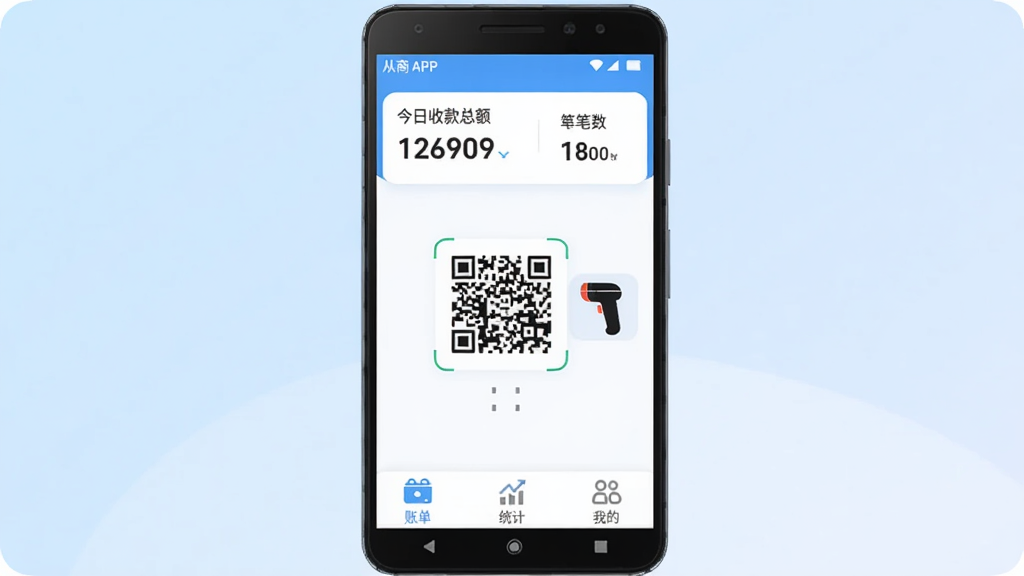 ���� �ֻ�Ӧ��������չʾ������������һ����׿�ֻ�����Ļ��ʾ����APP��ҳ������Ϊ���������տ��ܶ�ͱ������м����տ��ά���ɨ��ǹͼ�꣬�ײ�Ϊ�˵���ͳ�ơ��ҵ�����ѡ�������Ϊǳ��ɫ���䣬�������ִ���ƽ��ϸ��Բ�󣬻��ʸɾ��޶���Ԫ��