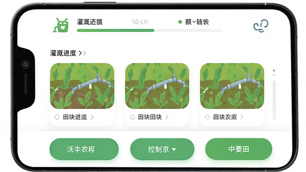 沃丰农业 手机APP主界面 布局 上方显示灌溉进度 中间是田块列表 下方是控制按钮 排版清晰 风格 现代扁平化 细节 图标圆润 画质 高清 干净 无多余元素