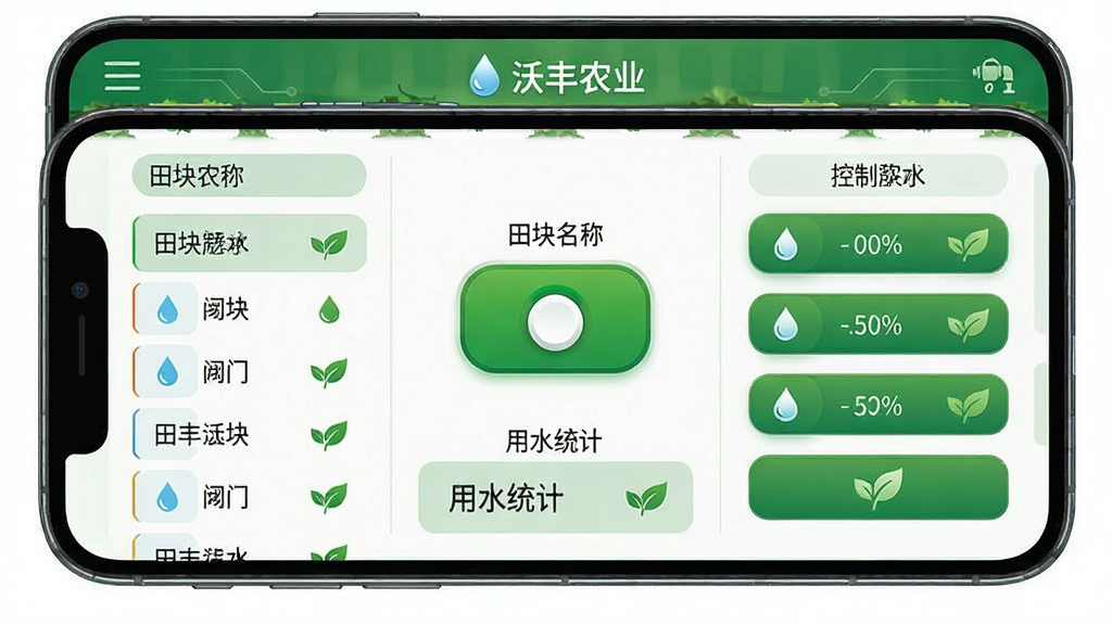 沃丰农业 手机APP远程控制界面 主体 手机屏幕显示绿色灌溉按钮 布局 上方是田块名称 中间是开关图标 下方是用水量统计 排版 左右分栏 左侧阀门列表 右侧控制区 风格 科技感农业风 细节 带水滴和叶片图标 画质 高清 干净 无多余元素