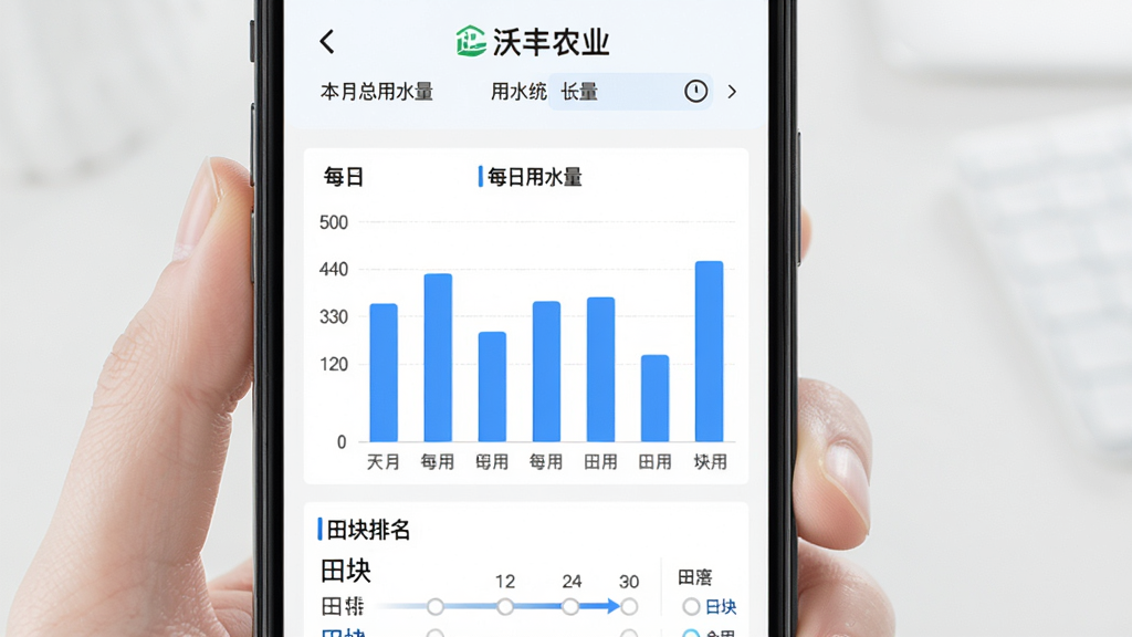 沃丰农业 用水统计报表界面 主体 手机屏幕显示柱状图 布局 上方是本月总用水量 中间是每日用水柱状图 下方是田块排名 排版 垂直分布 风格 清新简洁 细节 蓝色柱子 白色背景 画质 高清 干净 无多余元素