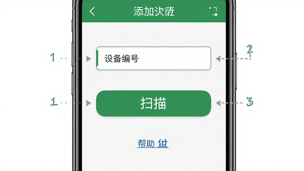沃丰农业 手机APP操作指引界面 主体 手机屏幕显示添加设备步骤 布局 上方是设备编号输入框 中间是扫描按钮 下方是帮助链接 排版 居中布局 风格 教程类 细节 带步骤序号 画质 高清 干净 无多余元素