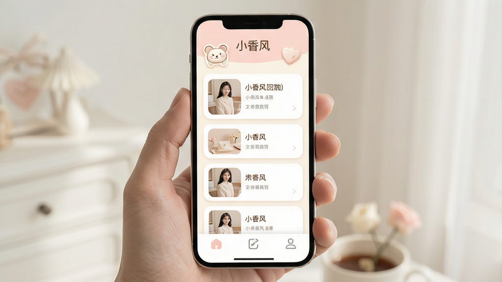 一张手机屏幕的正面展示图,画面中央是“小香风”App的界面,界面设计简洁清新,主色调为柔和的米白色和淡粉色,顶部有“小香风”三个字的标题,中间区域显示着图文卡片式的记录列表,底部导航栏有三个图标,整体布局干净利落,风格温馨治愈,细节圆润,画质清晰,无多余元素