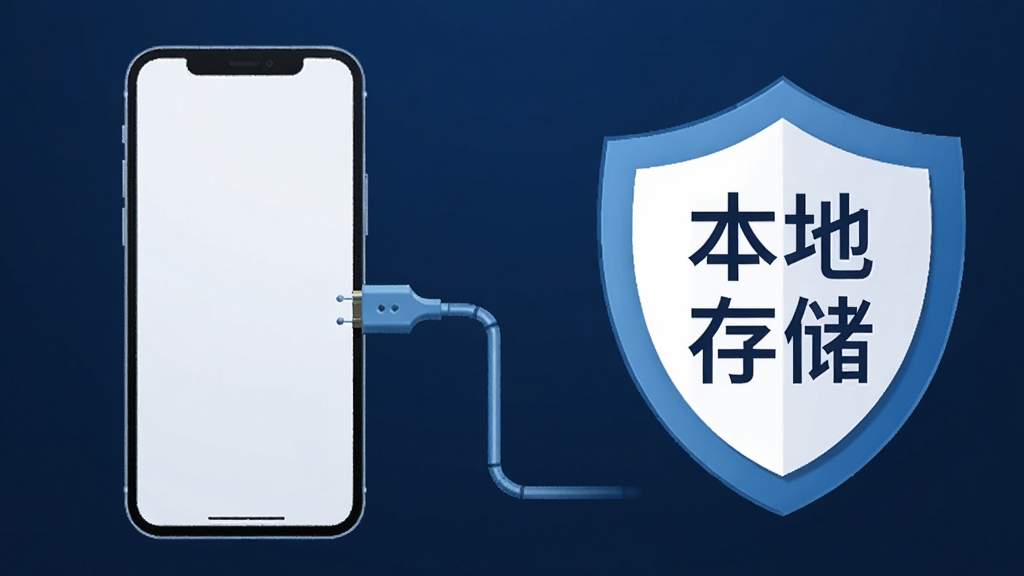 一张带有科技感的示意图,画面左侧是一部手机,右侧是一个盾牌形状的图标,盾牌上写着“本地存储”四个字,手机和盾牌之间有一条数据线连接,背景是深邃的蓝色,风格简洁商务,画质清晰,无多余元素