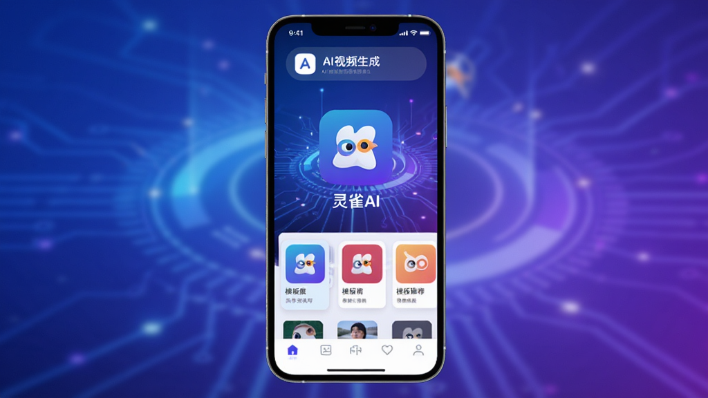 灵雀AI应用主界面展示,手机屏幕中央显示“灵雀AI”应用图标和名称,背景为蓝紫色渐变科技感光效,界面布局简洁,顶部有AI视频生成入口,中部是模板推荐卡片,底部为导航栏,风格现代扁平,画质干净清晰,无多余元素