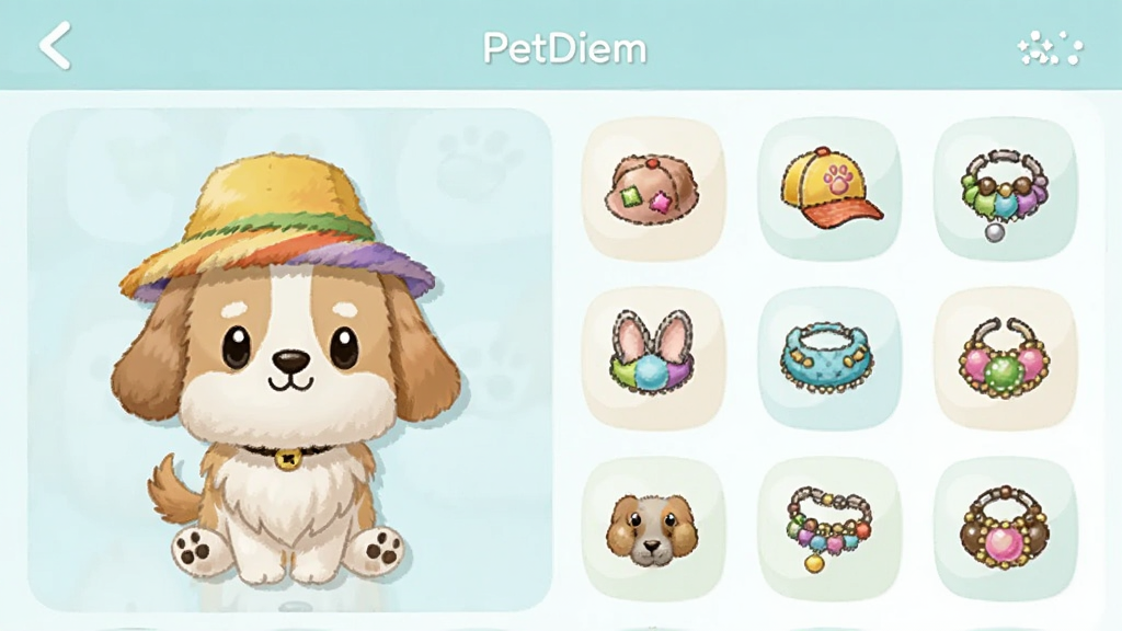 PetDiemӦ����չʾ���ﻻװ���棬һֻ��ͨ������Ų�ͬ��ɫ��ñ�ӣ��Ա������Ŷ���װ��Ʒͼ�꣬���ɰ����£����ʸɾ���