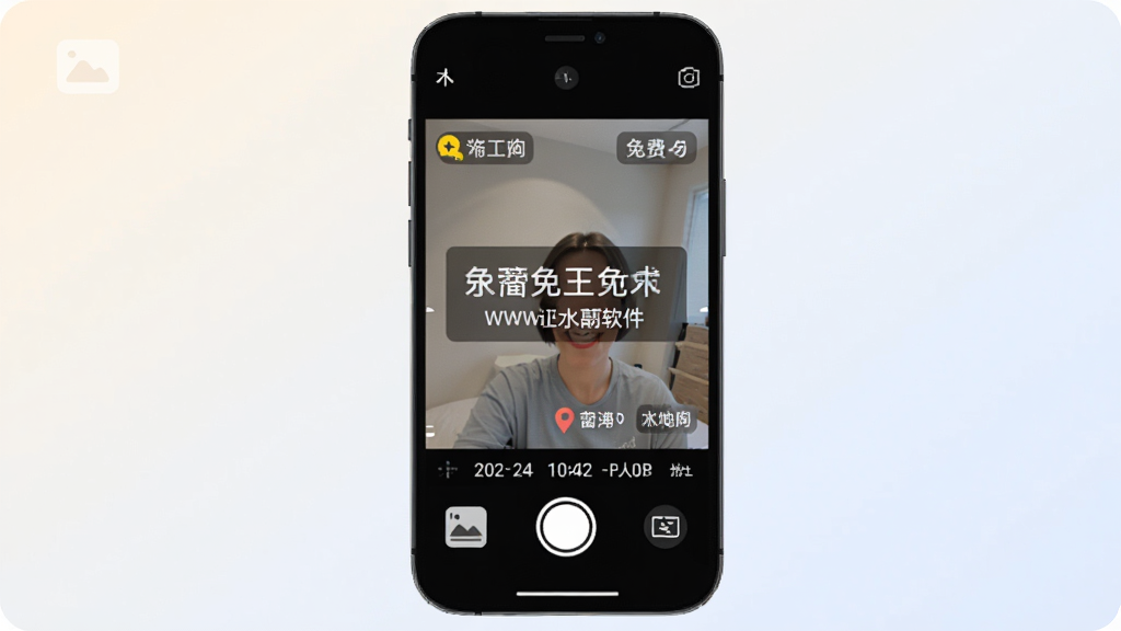 水印相机免费拍照水印软件主界面展示,画面中央是手机屏幕,屏幕内显示相机取景框和实时水印叠加效果,水印内容包含日期时间地点,屏幕下方有拍照按钮和模板选择图标,背景是简洁的浅色渐变,风格现代扁平,细节圆润,画质干净清晰,无多余元素