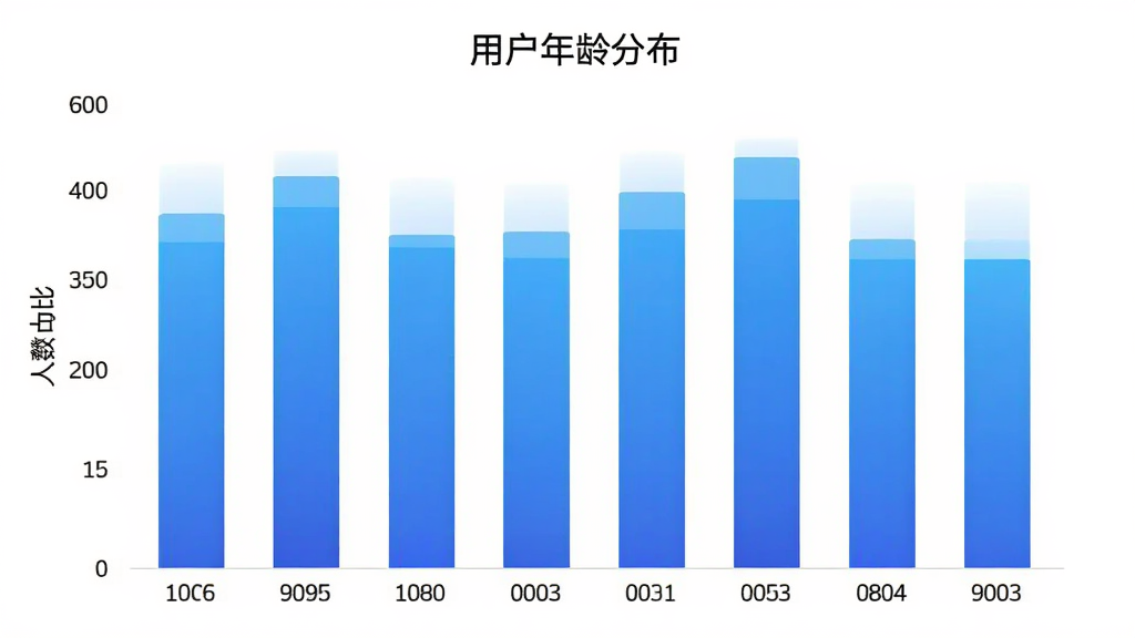 水印相机免费拍照水印用户年龄分布柱状图,横轴为年龄区间,纵轴为人数占比,柱状图颜色为蓝色渐变,图表标题为“用户年龄分布”,背景白色,风格简洁现代,画质干净无多余元素