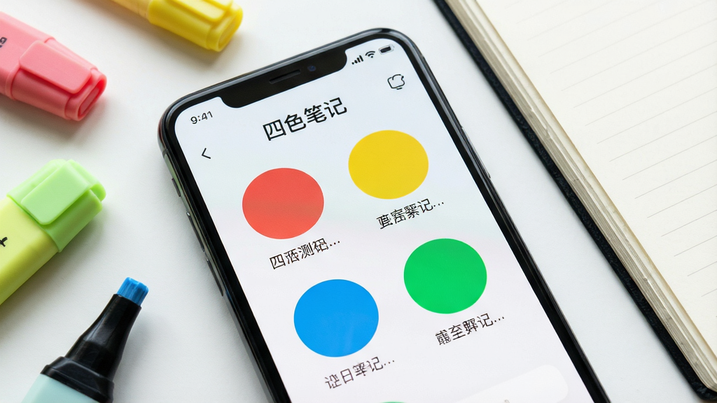 һ���ֻ���Ļ��д�����������ǡ���ɫ�ʼǡ�App�������棬���������������ź졢�ơ��������ĸ���ɫԲ�α�ǩ��ť��ÿ����ť�·��м�̵ıʼ���ĿԤ���������Ǹɾ���ǳɫϵ�����������¼�Լ���ֻ���Χɢ���ż�֧��ɫӫ��ʺ�һ�������ıʼǱ������������������޶���Ԫ��