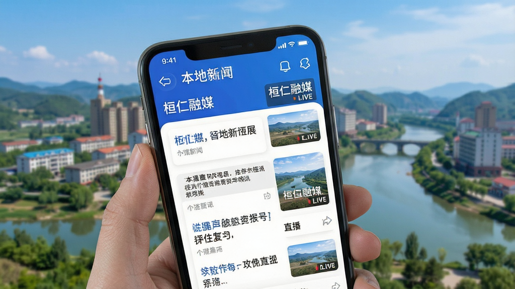 桓仁融媒 手机屏幕展示本地新闻资讯和直播界面,蓝色为主色调,界面简洁现代,背景为桓仁城市风光,画质清晰干净无多余元素
