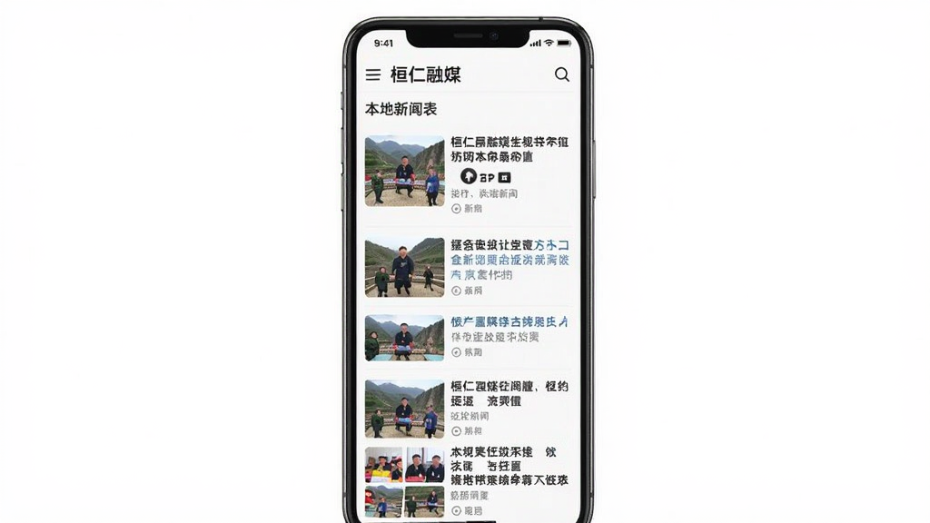 桓仁融媒 本地新闻列表页面,手机屏幕显示多条新闻标题和缩略图,布局清晰,风格简洁,画质干净无多余元素