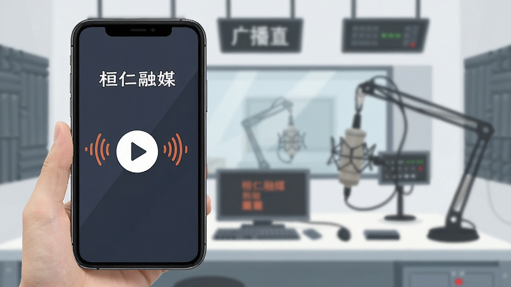 桓仁融媒 广播直播界面,手机屏幕显示播放按钮和声波图标,背景为广播电台直播间场景,风格现代扁平,画质清晰干净