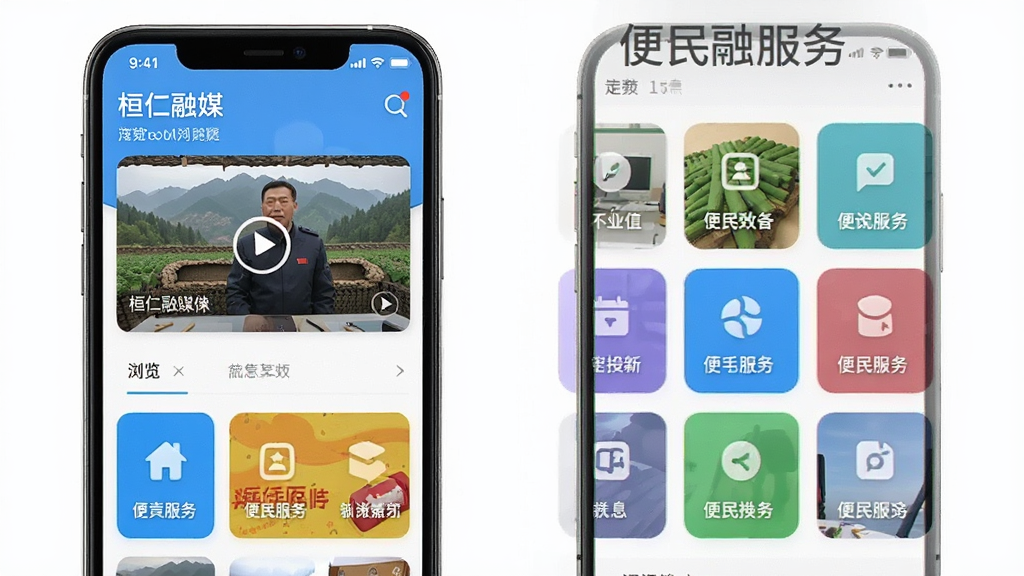 桓仁融媒 短视频浏览界面和便民服务图标网格,手机屏幕展示视频卡片和功能入口,布局整齐,风格现代,画质干净无多余元素