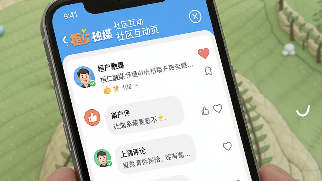 桓仁融媒 社区互动页面,手机屏幕显示用户发帖和评论列表,包含点赞图标,风格轻松活泼,画质清晰干净无多余元素