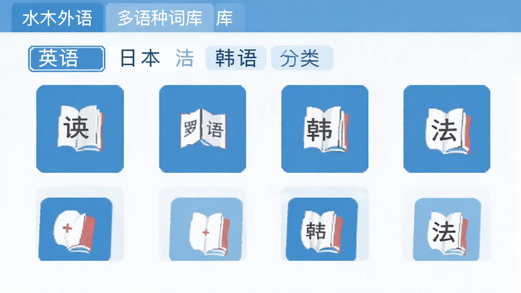 水木外语 多语种词库界面 英语 日语 韩语 法语 图标 排列整齐 分类标签 清晰 扁平化设计 蓝白配色 干净无多余元素 高清画质