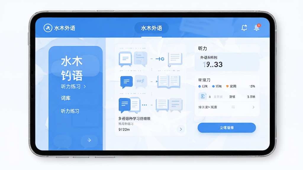 水木外语 应用软件 主界面 展示 多语种学习 词库 听力练习 清爽布局 扁平化设计 蓝白色调 干净无多余元素 高清画质