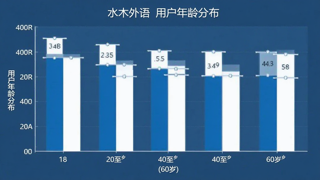 水木外语 用户年龄分布 柱状图 18至60岁 各年龄段占比 数据可视化 简洁图表 蓝白配色 干净无多余元素 高清画质