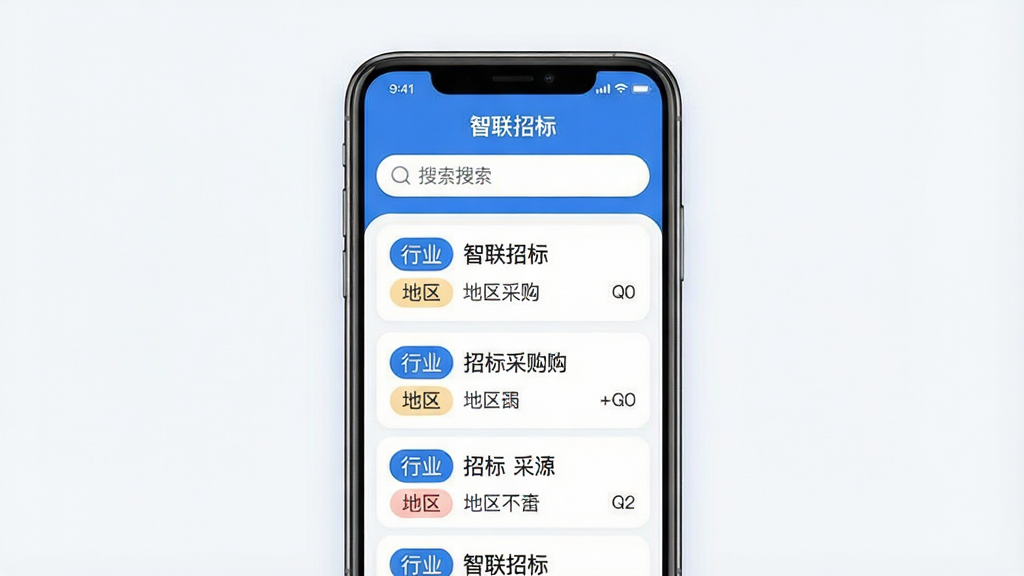 一张手机应用界面展示图,画面中央是“智联招标”App的主页,顶部搜索框醒目,下方列表展示多条招标采购信息条目,每条带有行业标签和地区标识。背景干净简洁,以蓝白配色为主,风格现代扁平,界面元素圆润,文字清晰可辨,画质干净无多余元素,突出信息查询工具的高效与专业感