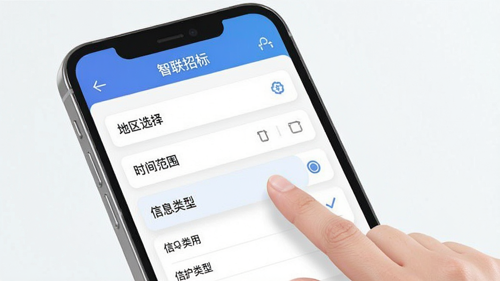 一张手机界面示意图,展示“智联招标”App的筛选功能。画面中手机屏幕显示筛选菜单,包含地区选择、时间范围、信息类型等选项,用户手指正在点击其中一个选项。背景简洁,突出筛选操作的便捷性,风格现代,画质清晰,无多余元素