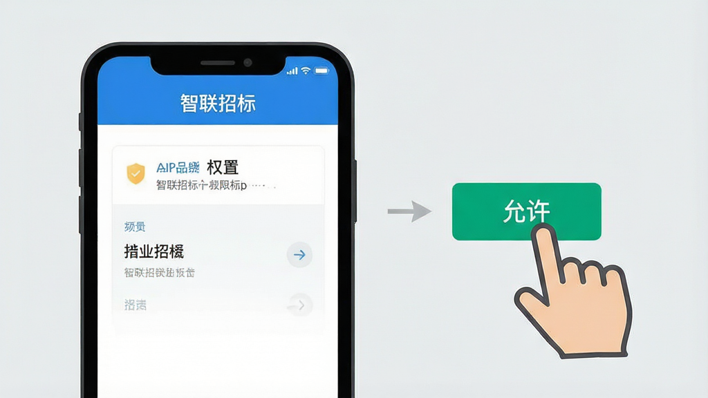 一张简洁的教程示意图,画面中一部手机屏幕显示“智联招标”App的权限设置界面,旁边有手指点击“允许”按钮的图标。背景为浅灰色,风格扁平化,重点突出权限授予步骤,画质干净,无多余元素