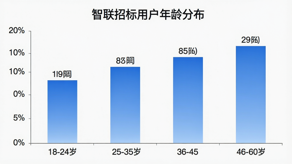 一张柱状图,展示“智联招标”用户年龄分布。横轴为年龄段:18-24岁、25-35岁、36-45岁、46-60岁。纵轴为用户占比百分比。柱子颜色为蓝色渐变,图表标题为“智联招标用户年龄分布”,背景干净,数据标签清晰,风格简洁专业,画质干净无多余元素