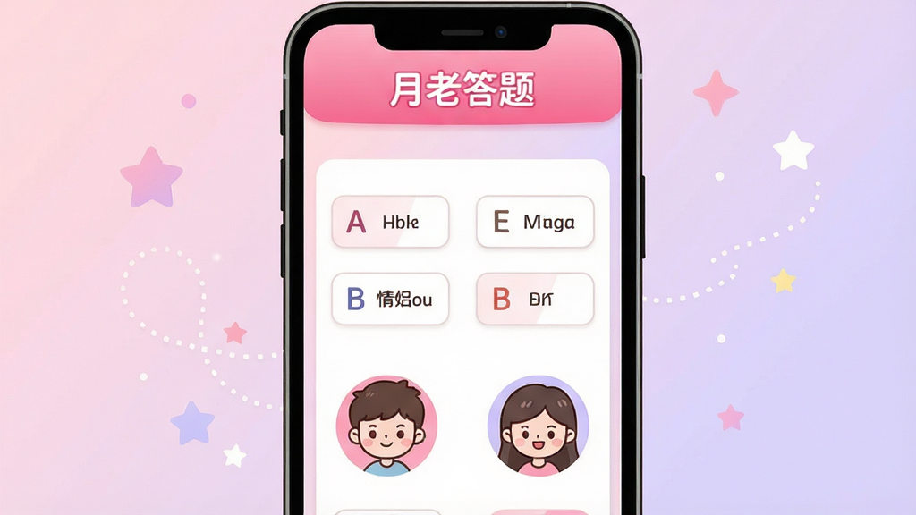一张手机屏幕截图风格插画,画面中央是“月老答题”应用的主界面,顶部有粉红色渐变标题栏写着“月老答题”,中间显示一道关于情侣默契的选择题,选项A和B清晰可见,下方有两个卡通小人头像分别代表两位玩家正在答题,背景是淡粉色与浅紫色渐变,风格轻松可爱,界面干净无广告弹窗,画质清晰,无多余元素