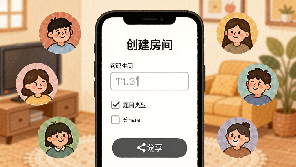 一张插画风格图片,画面中一个手机屏幕显示“创建房间”界面,有密码输入框和题目类型勾选框,旁边有一个分享按钮,屏幕周围环绕着几个卡通人物头像,代表不同玩家正在加入,背景是温馨的室内场景,风格轻松愉快,画质清晰,无多余元素