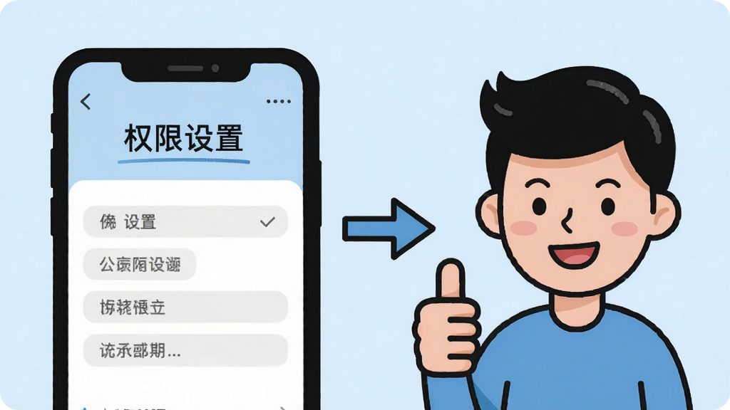 一张信息图风格插画,画面分为左右两部分,左边是一个手机屏幕显示“权限设置”界面,右边是一个卡通人物竖起大拇指,中间用箭头连接,背景是淡蓝色,风格简洁明了,画质清晰,无多余元素