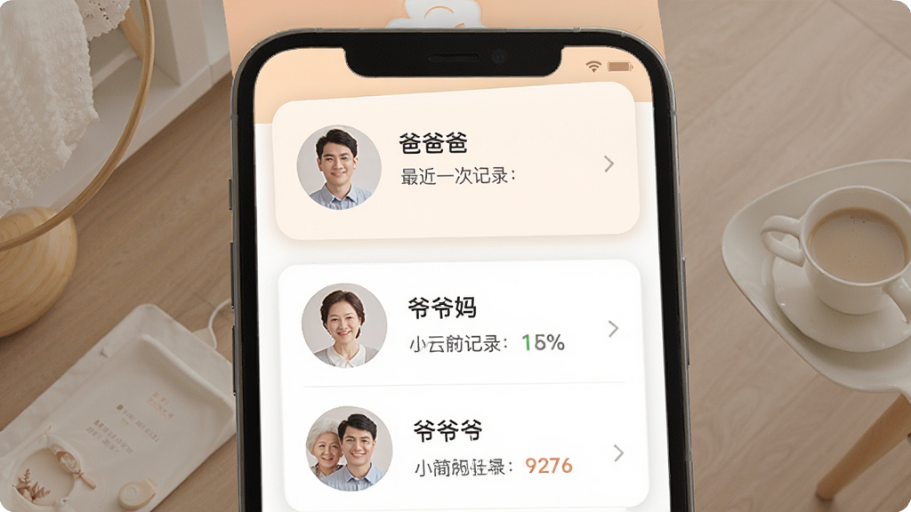 һ��չʾ�ɸɽ���APP���û�����������ֻ�Ч��ͼ�������������ֻ���Ļ����Ļ����ʾ�ż�ͥ��Ա�б����аְ֡����衢үү����ͷ������֣�ÿ�������·������һ�μ�¼��ʱ��ͼ�Ҫ���ݣ���������ܰ����ɫ��ͣ����ʸɾ����޶���Ԫ��