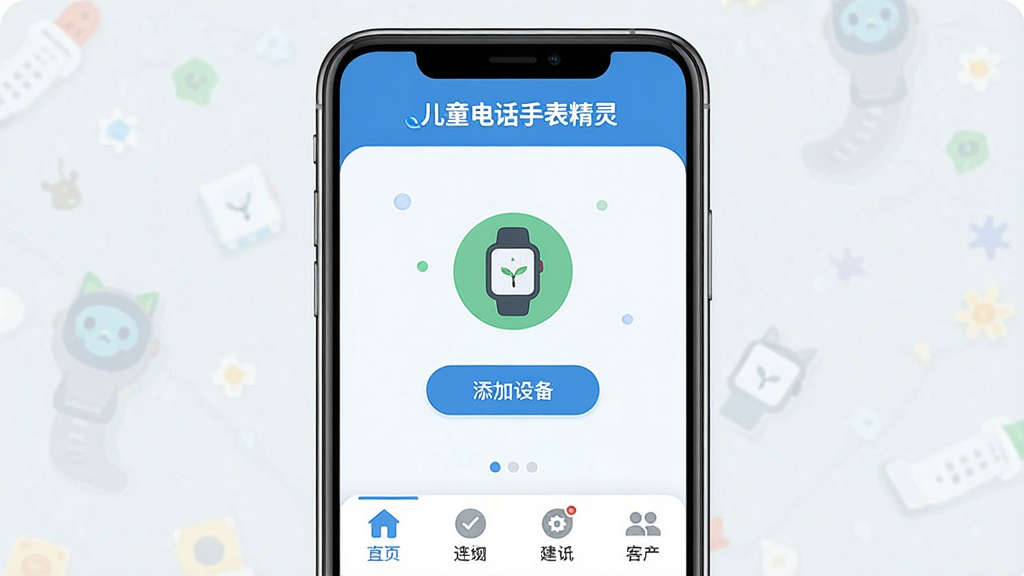 һ��չʾ��ͯ�绰�ֱ�����Ӧ���������ͼƬ������������һ�������ֻ���Ļ����Ļ����ʾ�Ŷ�ͯ�绰�ֱ������App���棬���涥���ж�ͯ�绰�ֱ���������ֱ�ʶ���м����ֱ�����״̬ͼ��������豸��ť���ײ��й��ܲ˵��������岼�ּ�����������Ϊ�ִ���ƽ����ƣ�ɫ������ɫ�Ͱ�ɫΪ����ϸ��Բ�󣬻��ʸɾ����޶���Ԫ��
