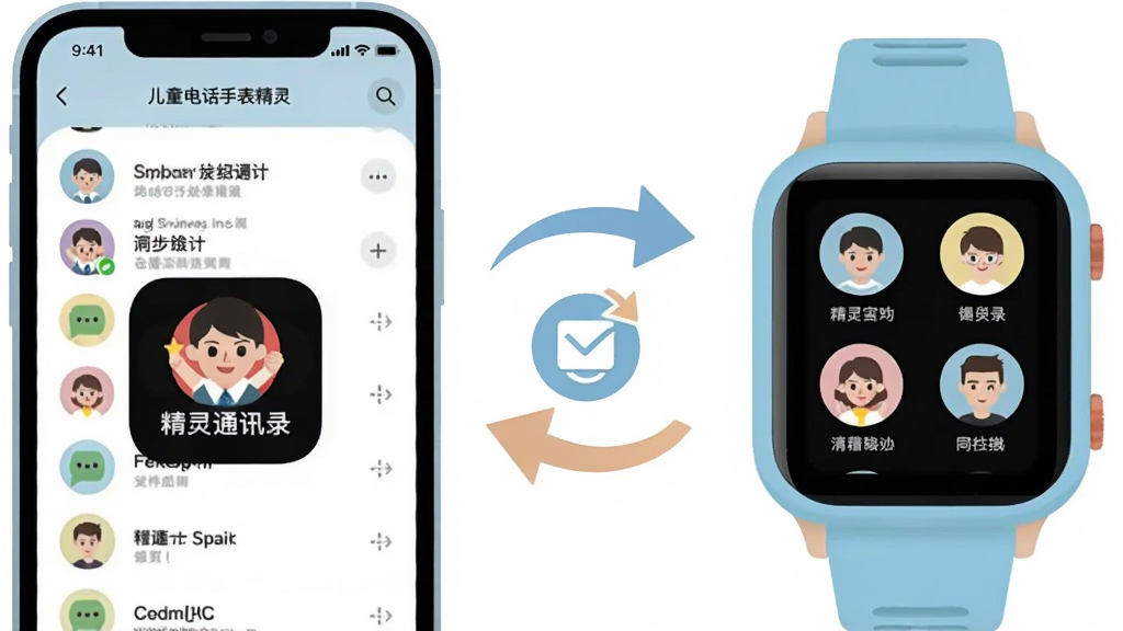 һ��չʾ��ͯ�绰�ֱ�����ͨѶ¼ͬ�����ܵ�ͼƬ�����������һ���ֻ���ʾͨѶ¼�б����Ҳ���һ���ͯ�绰�ֱ���ʾͬ�������ϵ�˽��棬�м��м�ͷ��ͬ��ͼ�����ӣ��ֻ���Ļ���ж�ͯ�绰�ֱ������Ӧ�ñ�ʶ�����Ϊ��ƽ���廭�磬ɫ����ͣ��������ҶԳƣ����ʸɾ����޶���Ԫ��