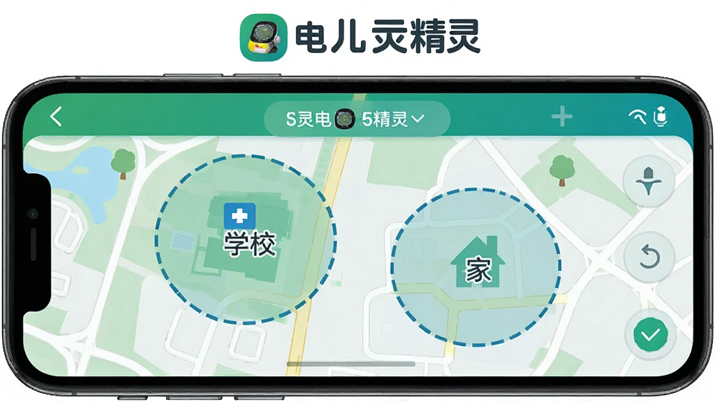 һ��չʾ��ͯ�绰�ֱ����鰲ȫ�������ù��ܵ�ͼƬ��������һ���ֻ���Ļ����ʾ��ͼ���棬��ͼ��������������ԲȦ����İ�ȫ����һ����עѧУ��һ����ע�ң��ֻ���Ļ�Ϸ��ж�ͯ�绰�ֱ���������ֱ�ʶ�����Ϊ�ִ���ͼUI���ɫ������ɫ����ɫΪ�����������������ʸɾ����޶���Ԫ��