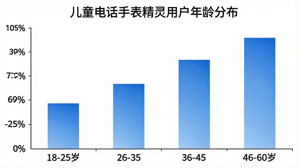 һ��չʾ��ͯ�绰�ֱ������û�����ֲ�����״ͼ������Ϊ�����18-25�ꡢ26-35�ꡢ36-45�ꡢ46-60�꣬����Ϊ�û�ռ�Ȱٷֱȣ���״ͼ��ɫΪ��ɫ���䣬ͼ������Ϊ��ͯ�绰�ֱ������û�����ֲ�������Ϊ��ɫ����������������ʸɾ����޶���Ԫ��