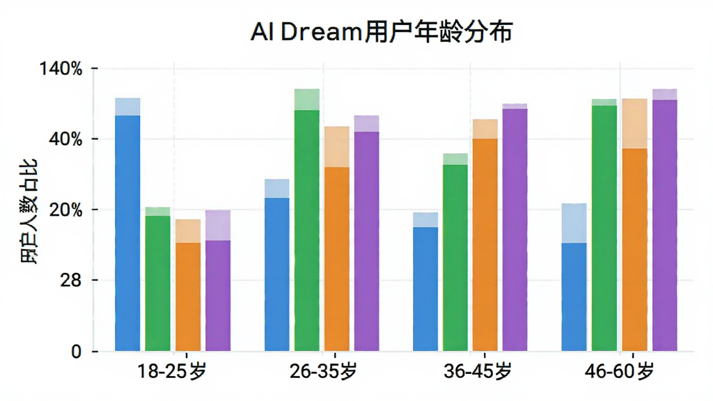 AI Dream�û�����ֲ���״ͼ������Ϊ�����18-25�ꡢ26-35�ꡢ36-45�ꡢ46-60�꣬����Ϊ�û�����ռ�ȣ���״ͼ��ɫ�ֱ�Ϊ��ɫ����ɫ����ɫ����ɫ��ͼ������Ϊ��AI Dream�û�����ֲ���������ɾ������޶���Ԫ��