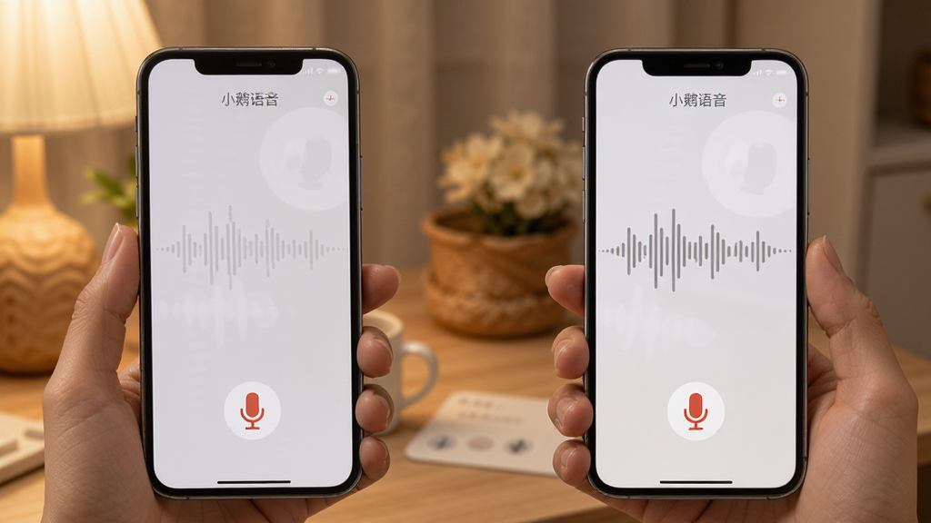 一张展示“小鹅语音”语音连麦场景的图片,画面中两部手机通过“小鹅语音”进行语音通话,屏幕显示声波跳动和麦克风图标,背景是温馨的聊天氛围,风格写实,画质清晰,无多余元素